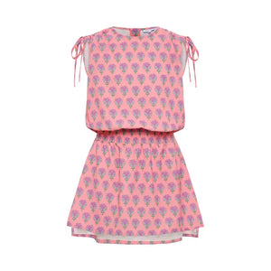 Pleat Helen Dress Coral Block Print