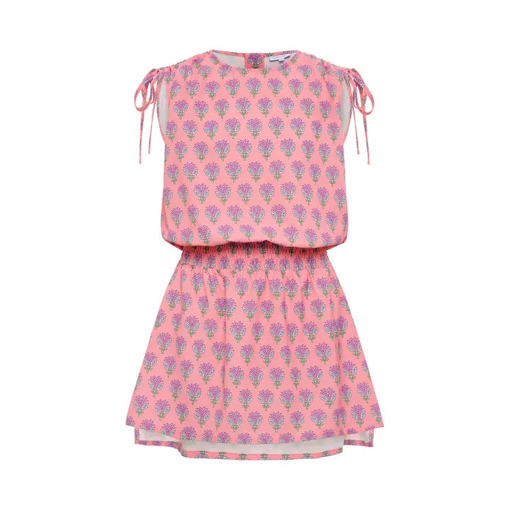 Pleat Helen Dress Coral Block Print