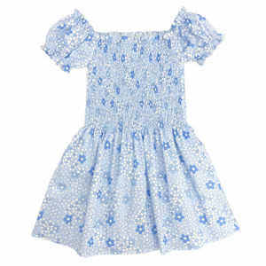 Smocked Short Sleeve Dress Blue Floral